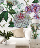 White Floral Wallpaper with Peonies