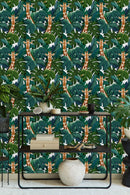 Exotic Leaves with Giraffes Wallpaper