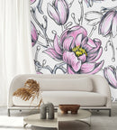Modish White Wallpaper with Pink Flowers Fashionable