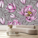 Grey Wallpaper with Pink Flowers