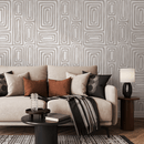 Abstract Wallpaper with a Brushed Labyrinth Motif in Beige and White - ZAAA
