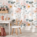 Floral Wallpaper with Large Watercolor Peonies in Pink and Blue- ZAAN