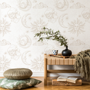 Minimalist Celestial Wallpaper with Vintage Sun, Moon, and Cloud Illustrations in Beige - ZABB