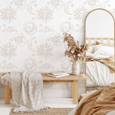 Minimalist Celestial Wallpaper with Vintage Sun, Moon, and Cloud Illustrations in Beige - ZABB