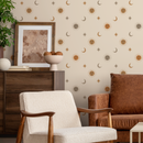 Celestial Wallpaper with Sun, Moon, and Stars in Orange, Beige, Brown, and Gray - ZACA