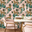 Animal Wallpaper with Cheetahs and Tropical Leaves in Pink and Green - ZADN