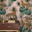 Animal Wallpaper with Cheetahs and Tropical Leaves in Pink and Green - ZADN