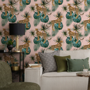 Animal Wallpaper with Cheetahs and Tropical Leaves in Pink and Green - ZADN