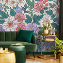 Floral Wallpaper with Retro Style Blooms in Pink, Purple, and Green - ZADV