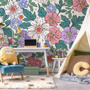 Floral Wallpaper with Retro Style Blooms in Pink, Purple, and Green - ZADV