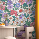 Floral Wallpaper with Retro Style Blooms in Pink, Purple, and Green - ZADV