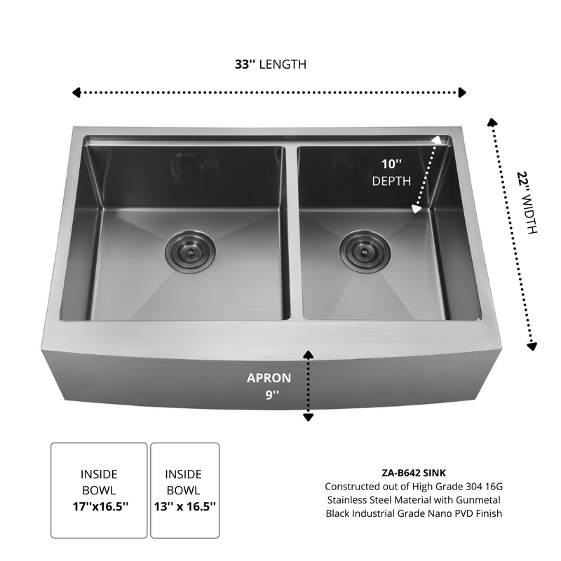 Zeek 33" Farmhouse Workstation 60/40 Bowl Gunmetal Matte Black Kitchen Sink With Accessories PVD Nano Tech Coating ENZO ZA-B642