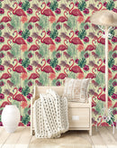 Tropical Wallpaper with Pink Flamingos