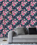 Stylish Dark Blue Wallpaper with Pink Flowers Chic