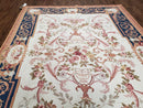 Chinese Aubusson Savonnerie Area Rug 6x8, Vintage Hand-Woven Needlepoint Rug, Flat Weave Handmade Wool Carpet Living Room Ivory & Navy Blue