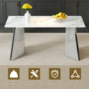 Table and chair set.63*31.4 Inch Luxurious Cold Jade Sintered Stone Dining Table Set- 6 Dark Gray High-quality PU Chairs With Arched Silver Metal Legs.Perfect For Dinner Room,Meeting Room,Kitchen,etc.