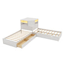 L-Shaped Combination Twin Bed with Trundle and Drawer,3-in-1 Low Corner Platform Bed Linked with Built-in Desk and Led Downlight, White