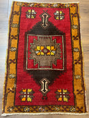 Turkish Yastik Rug 2x3, Geometric Medallion, Small Turkish Wool Rug, Red