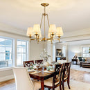 Gold Wagon Wheel Chandelier With White Linen Shade 6 Light