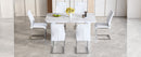 Table and chair set.64.5 x 35.4 Inch Stylish White Marble Textured Dining Table,Perfectly Blending Simplicity And Transparency.Paried With 6 White High-quality PU Chairs With Arched Silver Metal Legs.