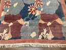 Modern Tibetan Rug 5.7 x 7.9, Abstract Multicolor Flower Pattern, Navy Blue Maroon Salmon, Soft Wool, Hand Knotted Contemporary Carpet 6x8