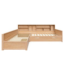 Twin Size Wooden L Shaped Daybed with Under-bed Trundle and Storage Drawer, Versatile Corner Bed Frame with Bookcases for 3, Natural