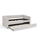 Twin Size Daybed with Trundle Upholstered Sofa Bed, with Vertical Stripes, Linen Fabric, Beige  (82.5'x43'x30')