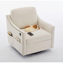 cream white fabric swivel rotating accent chair with USB and magazine book for living room and hotel bed room