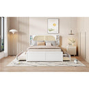 Queen Size Rattan Headboard Bed with Two Drawers and Trundle, White