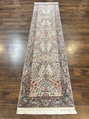 Sino Persian Runner Rug 2.7 x 10, Floral Kirman Lavar Carpet for Hallway, Cream, Handmade Wool Vintage Rug