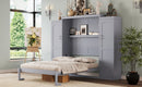 Full Size Murphy Bed, Wooden Full Wall Bed with 2 Wardrobe and Storage Shelf, Multifunctional Foldable Platform Bedframe for Guest-Room, Bedroom, Gray