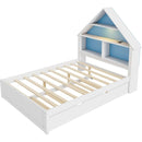 Full Size House-Shaped Bed with Bookcase Headboard and Led Light and Twin Size Trundle for Kids Boys Girls, Blue+ White