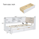 Wooden Twin Size L-shaped Daybed Corner Bed Under-bed Drawers  with Storage Bookcase and Upholstered Headboard and USB Charging Ports for Limited Space,White