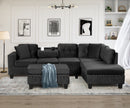 Modern Sectional Sofa with Storage Ottoman, L-Shape Couch with 2 Pillows and Cup Holders, Black Velvet, 105'