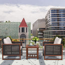 3 Piece Patio Wicker Furniture Set With Beige Washable Cushions And Acacia Wood Coffee Table