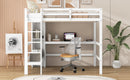 Full Size Loft Bed with Multifunction Shelves and Under-bed Desk, White