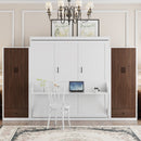 Queen Size Murphy Bed Wall Bed with Closet ,Drawers and Table,White