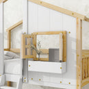 Twin over Twin House Bunk Bed with Roof, Window, Window Box, Door, with Safety Guardrails and Ladder, Natural/White