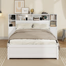 White Wooden Storage Bed with Tall Extended Bookcase Headboard, 6 Drawers and Charging Station for Teens Adults, No Box Spring Needed,Full