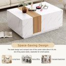 Modern 35.4 x 23.6 Inch Two-tone Coffee Table with Faux Marble and Walnut Wood Grain Finish, Rectangular Center Table with 2 Storage Drawers, Practical Cocktail Table for Living Room, White