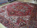 Heriz Rug 9x11, Geometric Persian Carpet Room Sized, Tribal Medallion Rug, Red Ivory Dark Blue Handmade Wool Rug for Living Room Dining Room