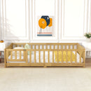 Twin Size Floor Bed with Fence and Door,Rubber Wood Floor Bed with Safety Guardrails,Natural