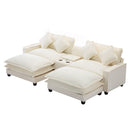 Chenille Upholstered Sectional Sofa with Removable Ottoman, USB Ports, Cup Holders, and Storage, Beige, 111'