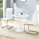 Table and chair set.Hourglass-Shaped Stable Small Round Table -31.9' * 31.9' With 2 Soft and Comfortable White PU Chair With Arched Metal Silver Leg.Create Your Exclusive Low-Key Luxury Space.