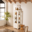 Modern Upholstered Glass Display Cabinet with Adjustable LED Light in White, 71'' Tall