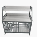 Large pet cage with storage rack, drawers with stainless steel food and water basins, double-layer storage rack made of iron frame and MDF material, sturdy, exquisite, and practical (black+smoke gray)