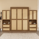 Full Size Solid Wood With Rattan Murphy Bed Cabinet Space-Saving Bed with 2 Side Cabinet Storage Shelves, Perfect for Guest Room, for Bed Room, Guest Room, Home Office, Walnut