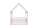 Full Size House Floor Wooden Bed with Roof Frame, Safety Guardrails,Pink