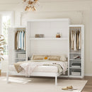 Queen Size Murphy Bed with 2 Wardrobe and Storage Shelf, Multifunctional Foldable Platform Bedframe for Guest-Room, Bedroom, White