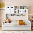 Full Size Wooden Daybed With Twin Size Trundle, and All-in-One Cabinet and Shelf, White